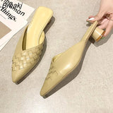 Women's Closed Toe Half Slippers Summer Outer Wear Shallow Chunky Heel Women's Mules Shoes Weave Pointed Toe Slipper