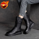 Mid Calf Women's Boots Wedge Heel Biker Shoes for Woman Half High Leather Brown Fashion 2023 on Offer Free Shipping