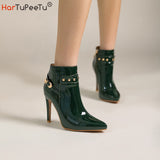 Toe Stiletto Boots Women Large Size 34-50 High Heels Autumn Winter PU Zipped Men Booties Patent Leather Rivets
