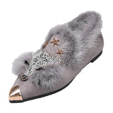 Flats Women Fox Faux Fur Espadrilles Beading Mules Ladies Warm Winter Pointed Toe Shoes Plush