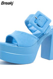 New FashionDouble Bottom Platform Sandals Chunky High Heeled Ankle Buckle Strap Women Sandals Comfort Walking Shoes