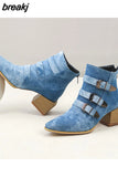 Boot Square Heel Women Boots Buckle Ankle New Pointed Toe Lady Shoes Spring Autumn Footwear Casual Heels