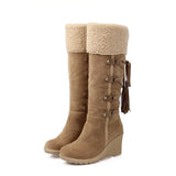 Knee-High Boots Winter Snow Boots Wedges Keep Warm Shoes for Women Tassel High Heel Boots Cotton-padded Knee High