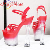 2023 New Platform Sandals Women Summer Sexy Square Heel Cross Belt High Heels 17cm Bling Ladies Strip Pole Dance