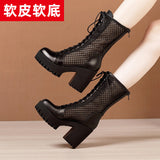 Breathable Thin Martin Boots Women's Leather 2023 Thick-Soled Waterproof Table Hollowed-Out Mesh Full-Size
