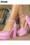 Platform Chunky Heeled Ankle Strap Pumps Sweet Woman Wedding Shoes 2023 Spring Summer Fall Office Lady Comfy