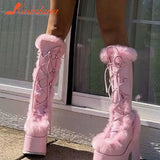 New Pink White Platform Women Knee-high Boots 2023 Winter Warm Plush Flock Gothic Style Chunky Heel Punk Women Shoes