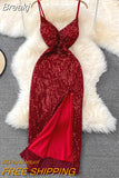 Party Dress Women Elegant Sequins Glitter Evening Club Dresses Deep V-neck Spaghetti Strap Sleeveless Split Long Maxi