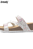 Fashion Women Wedge Cork Slipper 2023 New Summer Beach Outside Buckle Trifle Platform Med Heel Slide