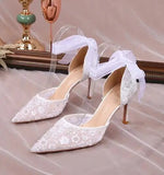 Woman Shoe Summer High Heels Navy Blue Pumps Lace-Up Hollow 2023 Sweet Pointed Wedge Burgundy Beige Orange Bridal Low