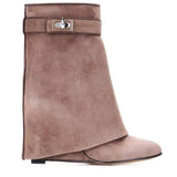Suede Shark Lock Boots Pointed Toe Height Increasing Women's Ankle Winter Runway Boots Size 10 Sexy Woman Ankle