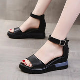 2023 Women Wedges Pu Leather Sandals Buckle Strap Korean Style Solid Platform Side Open Casual Ladies Slingbacks