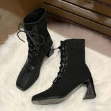 Women's Square Toe Ankle Boots Autumn Winter Fashion Stitching Knitted Elastic Stockings Boots High-heeled Short