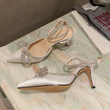 Pointed Toe Rhinestone Pumps Women Crystal Ankle Strap High Heels Sandals Female 2023 Summer Silk Satin Wedding Shoes
