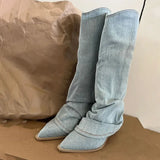 New Blue Denim Knee High Boots Women Pointed Toe Thick Heels Western Boots Woman Pleated Pull-On Long Cowboy Botas