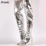 Pointed Toe Thigh High Boots For Women Patent Leather Over The Knee Booties Stiletto Heels Pumps Gold Silver Long