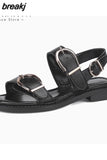 Size 34-40 Women Flats Sandals Genuine Leather Low Heels Summer Shoes For Women 2023 Trend Buckle Retro Heeled