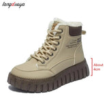 Women Snow Boots Winter Spring Warm Thick Soled Ankle Boots Solid Color lace-up Shoes for Women Height Increasing Plush