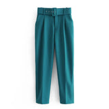 Solid Elegant Pencil Pants Women Business Suit Pants Female Pleated Lady Long Trousers With Belt Pantalones