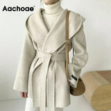 Women Solid Color Wool Coats With Belt Long Sleeve Hooded Pockets Coats Female Chic Elegant