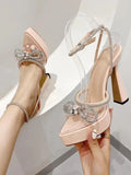 New Summer Ladies European and American Sandals High Heels Pointed Transparent Bow Rhinestones Nightclub Party