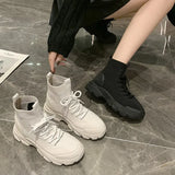 Boots Women Autumn New Knitted Elastic Short Ankle Boots Platform Lace Up Casual Outdoor Sports Short Botines Black