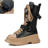 Punk Chunky Platform Motorcycle Boots Women 2023 Mixed Color Lace Up Mid Calf Boots Woman Thick Bottom Pu Leather