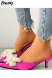 2023 New Fashionable Woman Mules Shoes Pearl Slip-on Low Heels Pointed Toe Ladies Pumps Butterfly-knot Woman