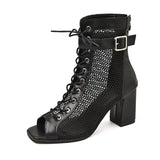 Women's Short Boots Mesh Sandals Fish Mouth Beginner Dance Shoes High Heel Ballroom Party Shoes Chunky Heel Belt Buckle