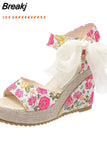 Dropship Platform Wedges Mules Sandals 2023 Summer New Floral Pattern Slide Sandals Comfy Beach Shoes Outside Slider