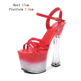 2023 New Platform Sandals Women Summer Sexy Square Heel Cross Belt High Heels 17cm Bling Ladies Strip Pole Dance