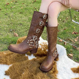 Platform Shoes for Women Buckle Square Heel Women's Knee High Boots Autumn Winter Roman Chunky Heel Ladies Goth