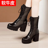 Breathable Thin Martin Boots Women's Leather 2023 Thick-Soled Waterproof Table Hollowed-Out Mesh Full-Size