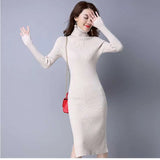 autumn winter meduim long women sweater dress split side turtleneck robe female elasticity slim bodycon knit long