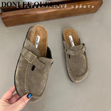 New Spring Suede Flats Close Toe Slippers Women Flat Thick Bottom Mules Shoes Fashion Outdoor Slides Retro Britain