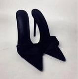 High Heel Mules Green Suede Pointed Toe Stiletto Heel Dress Shoes Slip-on Open Toe Thin Heels Slippers Plus Size