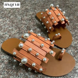 New Women Slippers Summer Pearl Women Slides Flat Casual Outside Women Beach Leather Slippers Large Size 36-43 Women