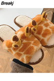 Shoes Women Winter Indoor Warm Cotton Closed Toe Slippers Home Cartoon Giraffe Plush One-word Slippers Chinelos