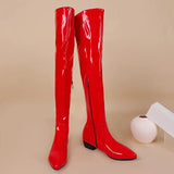 Women Over the Knee Boots Wide Calf Size 34~48 Candy Colour Chunky Low Heel Pointy Toe Patent Leather Comfortable Boot Zip