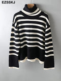 striped oversize Turtleneck Sweater for Women female Knitted casual split side Long Sleeve loose
