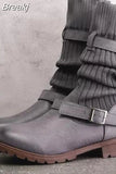 Plus Size 35-43 Women's High Heel Mid Boots Warm Wool Knitting Leather Boots for Women Wedge Buckle Ladies Short