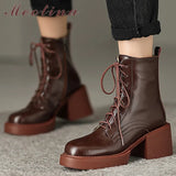 Women Genuine Leather Ankle Boots Round Toe Platform Thick High Heel Lady Zipper Lace-up Short Boot Winter Autumn