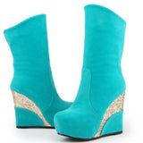 On Sale Elegant Ladies Platform High Wedges women's Boots Flock Casual Party Fashion Patchwork Winter Plush