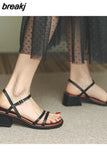 Summer Women Sandals Thick Heels Ladies Soft Comfortable Strip Straps Solid Beige Black Sexy Elegant Sandals