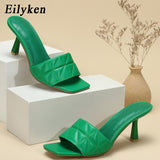 New Design Red Green Shallow Women Slippers Square Toe Print Thin High Heel Summer Wedding Party Sandals