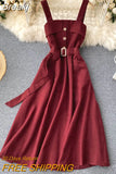 Korean Style Women Vintage Dress Autumn Winter Spaghetti Strap Sleeveless Belted A-line Midi Work Party
