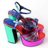 Multicolor Platform Block High Heels Women Sandals Bowknot Open Toe Party Dress Rainbow Chunky Heeled Summer