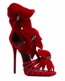 Red Flower High Heel Women Sandals Cut-out Thin Heels String Bead Dress Shoes Big Size 10 Summer High Heeled