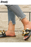 Shoes for Women 2023 Roman Chain Decoration Flat Women's Slippers Outdoor Open Toe Casual Ladies Slippers Female