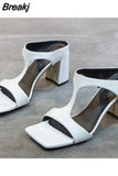 Women's High Heel Shoes 2023 Spring New Slippers Fashion Versatile Solid Color Medium Heel Thick Heel Square Toe Sandals
